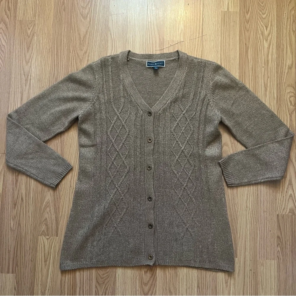 Karen‎ Scott Cable Knit Sweater Cardigan Tan Women’s Size M Cottagecore Textured